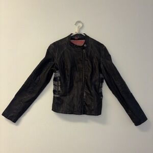 Womens Vegan Leather Jacket Sz L Plaid Vtg Classic Coat Y2K Art To Wear Winter